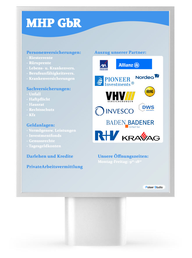 Плакат-наклейка с описанием услуг и партнёров для MHP GbR